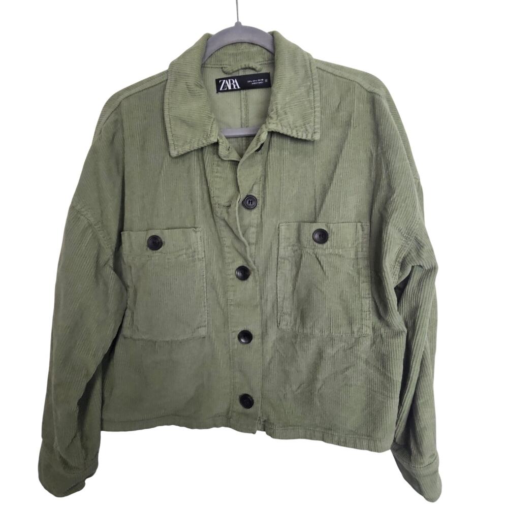 Zara Womens Corudroy Crop Shacket Size L Layering Grunge Skater Minimalist Green